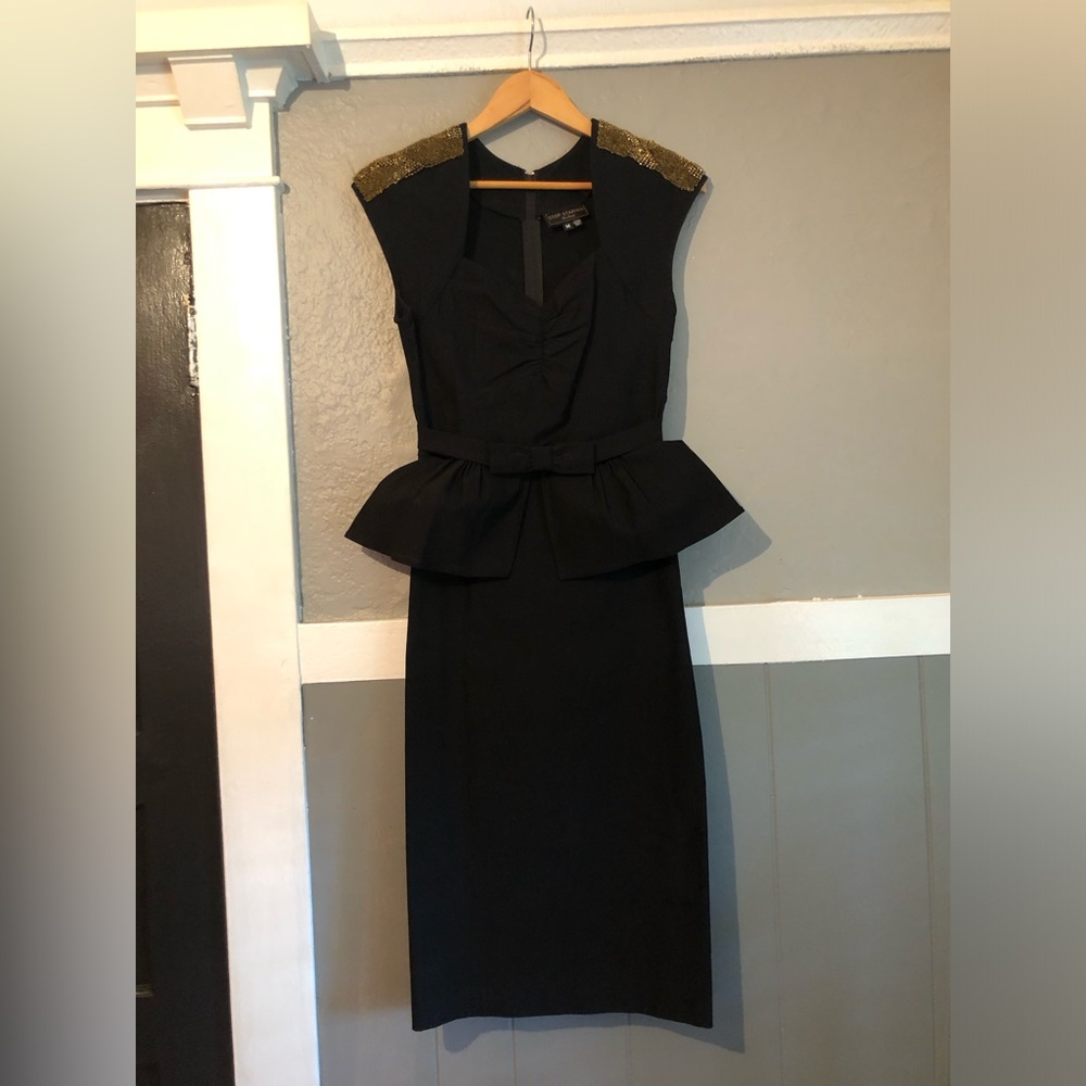 Stop Staring | Black & Gold Beaded Retro Peplum Wiggle Dress | Preowned Medium